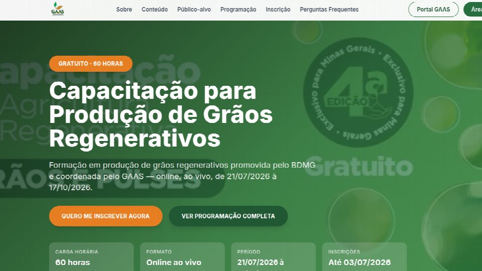 Página de inscrição do curso de Capacitação para Produção de Grãos Regenerativos, do BDMG e GAAS Brasil