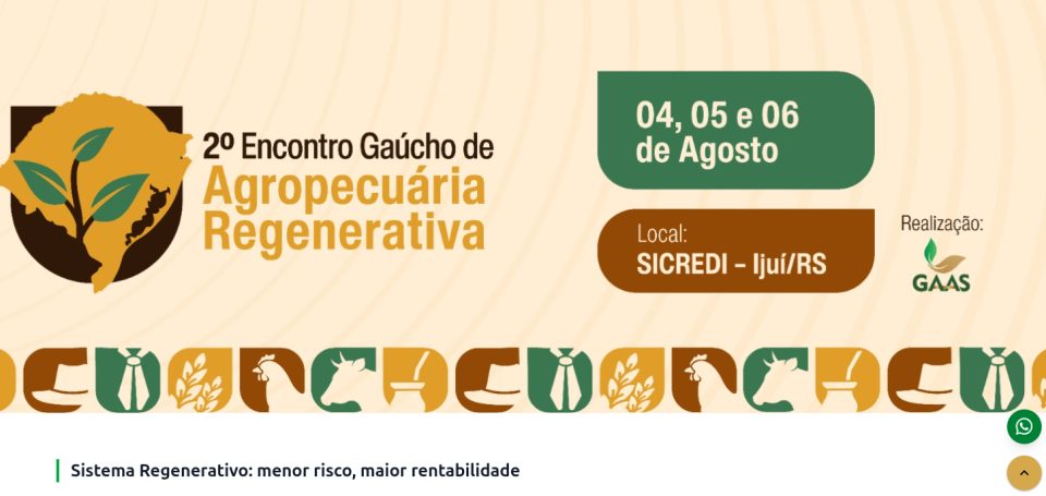 Banner do 2º Encontro Gaúcho de Agropecuária Regenerativa, de 4 a 6 de agosto no Sicredi em Ijuí/RS, com realização do GAAS.