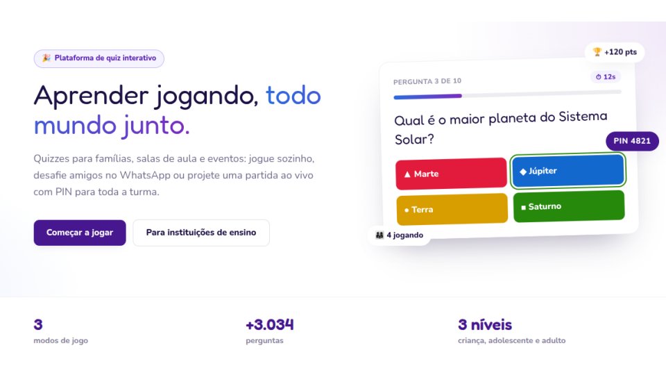 Página inicial do QuizEdu, com o título Aprender jogando, todo mundo junto, os botões Começar a jogar e Para instituições de ensino e um exemplo de pergunta de quiz.