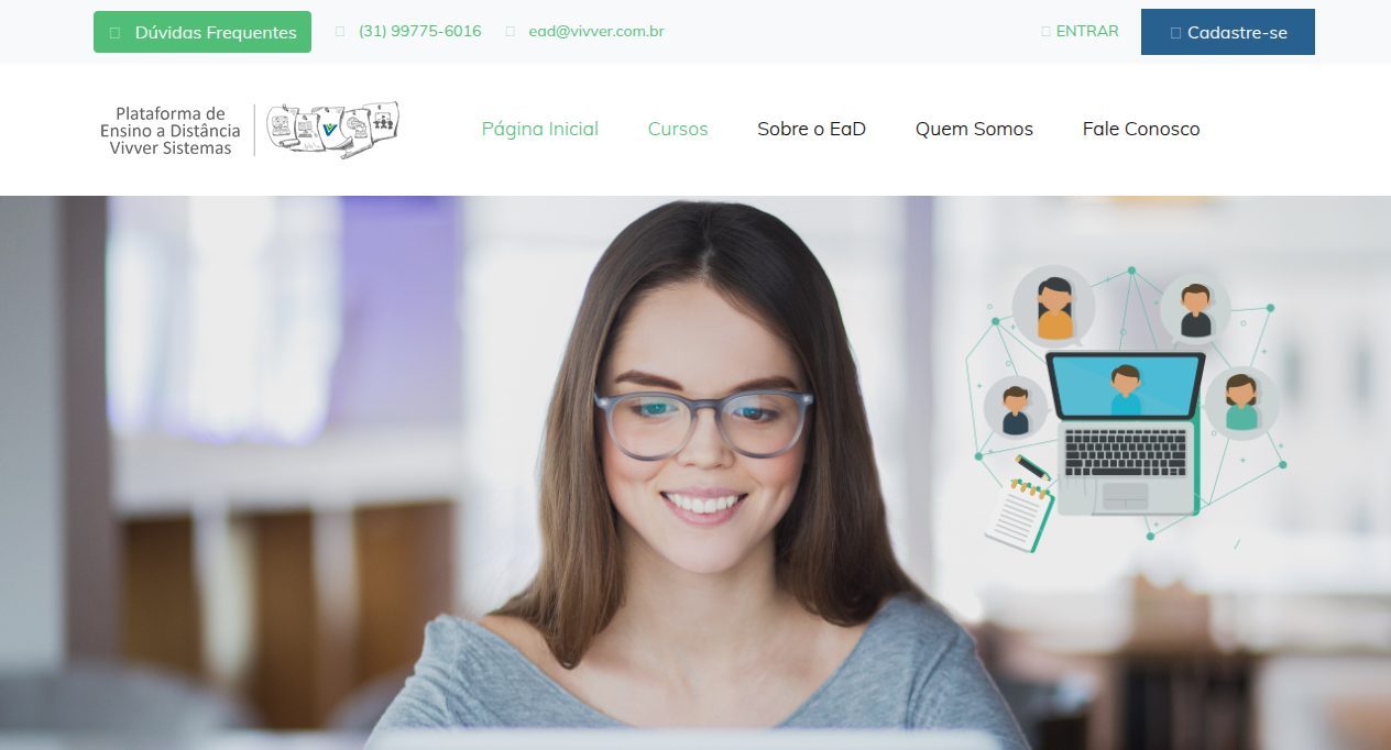 Página inicial da Plataforma de Ensino a Distância Vivver Sistemas, com o menu de cursos e uma aluna sorrindo diante do computador.